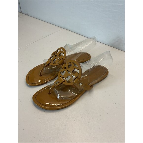 Tory Burch Miller Sandal Soft Brown Patent Leather Size 9.5M Beach Casual Boat - Picture 2 of 13